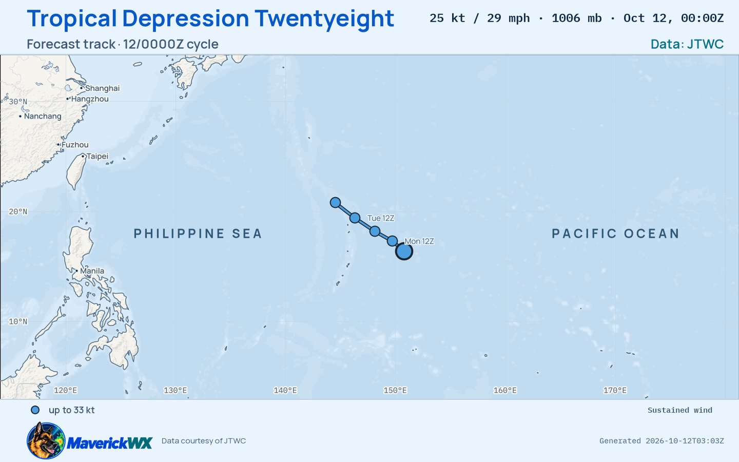 The official forecast track for Tropical Depression Twentyeight, JTWC Warning 1
