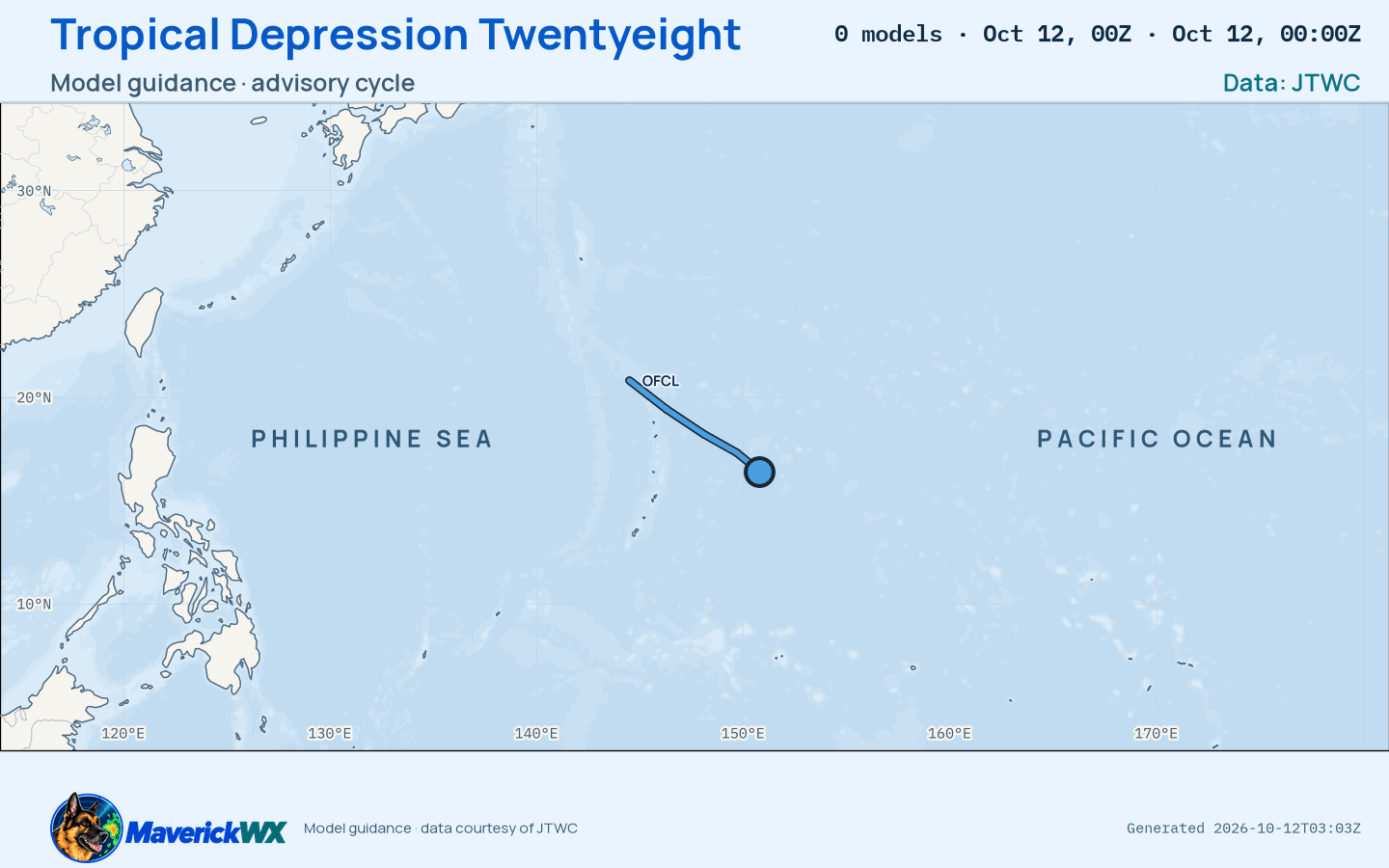 The models’ tracks, which are not a forecast for Tropical Depression Twentyeight, JTWC Warning 1