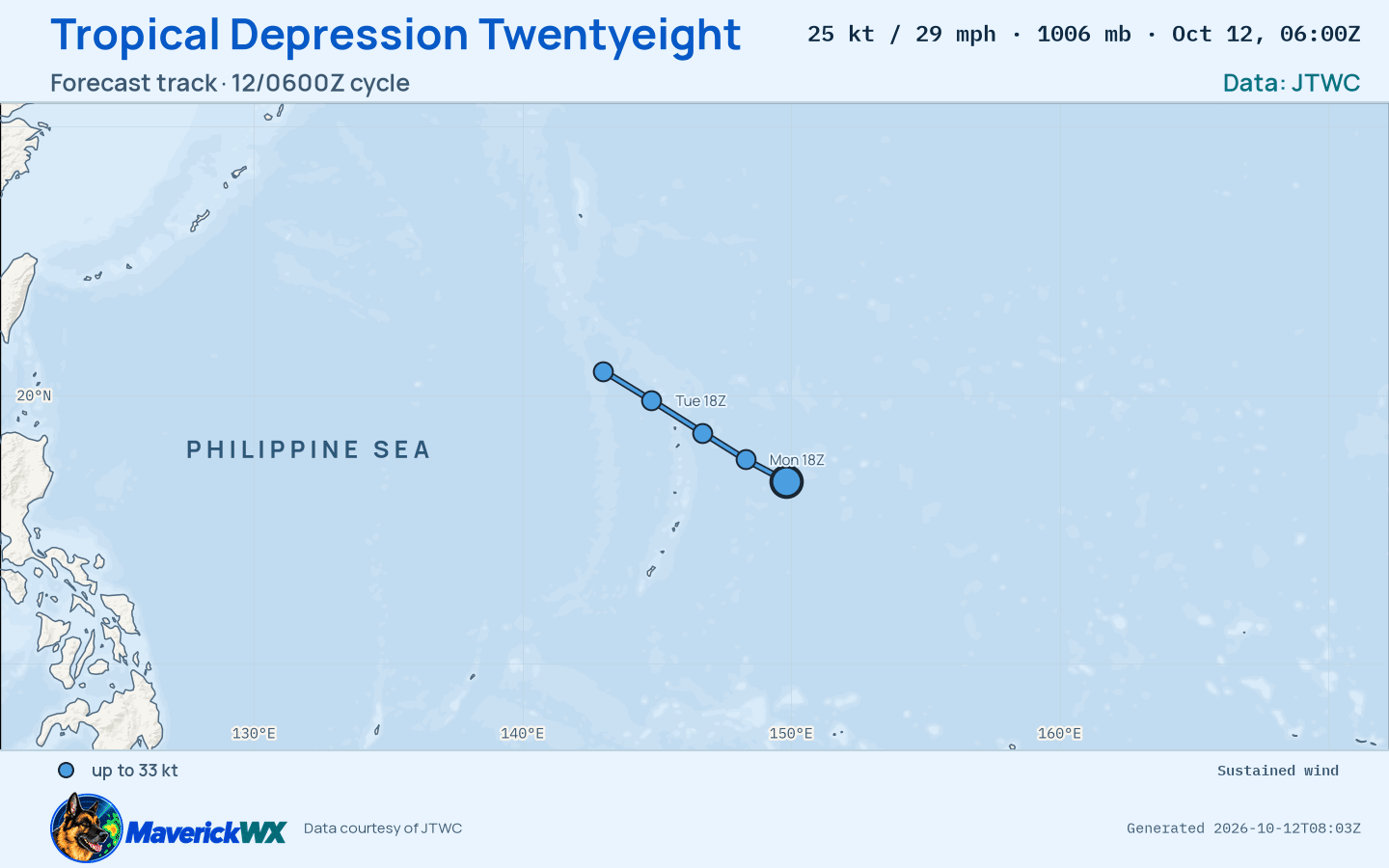 JTWC forecast for Tropical Depression Twentyeight, Warning 2; rendered by MaverickWX