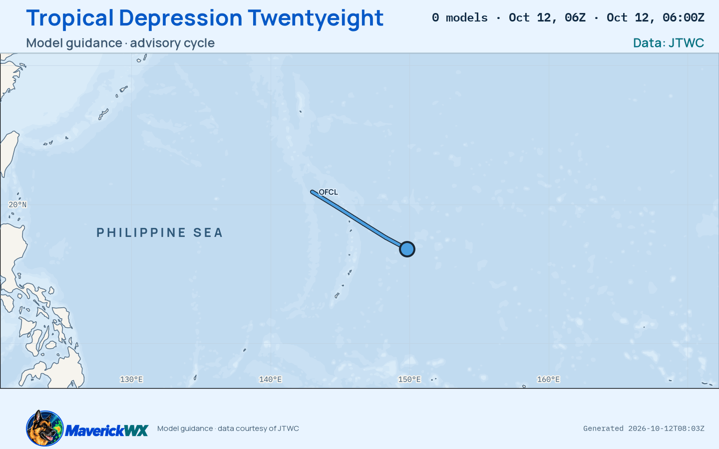 The models’ tracks, which are not a forecast for Tropical Depression Twentyeight, JTWC Warning 2