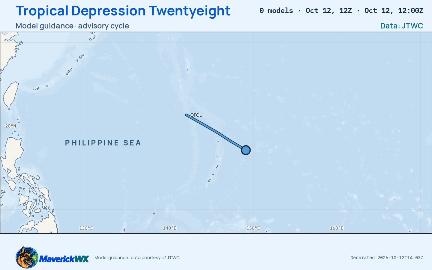 The models’ tracks, which are not a forecast for Tropical Depression Twentyeight, JTWC Warning 3