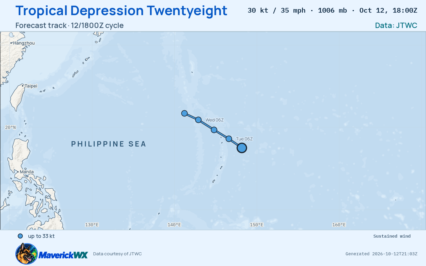 The official forecast track for Tropical Depression Twentyeight, JTWC Warning 4