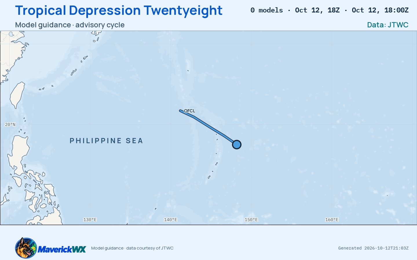 The models’ tracks, which are not a forecast for Tropical Depression Twentyeight, JTWC Warning 4