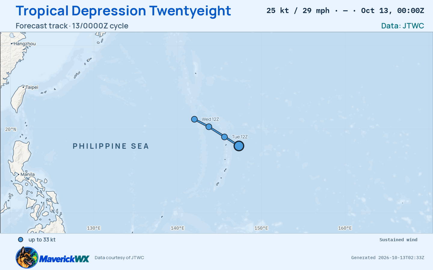 The official forecast track for Tropical Depression Twentyeight, JTWC Warning 5