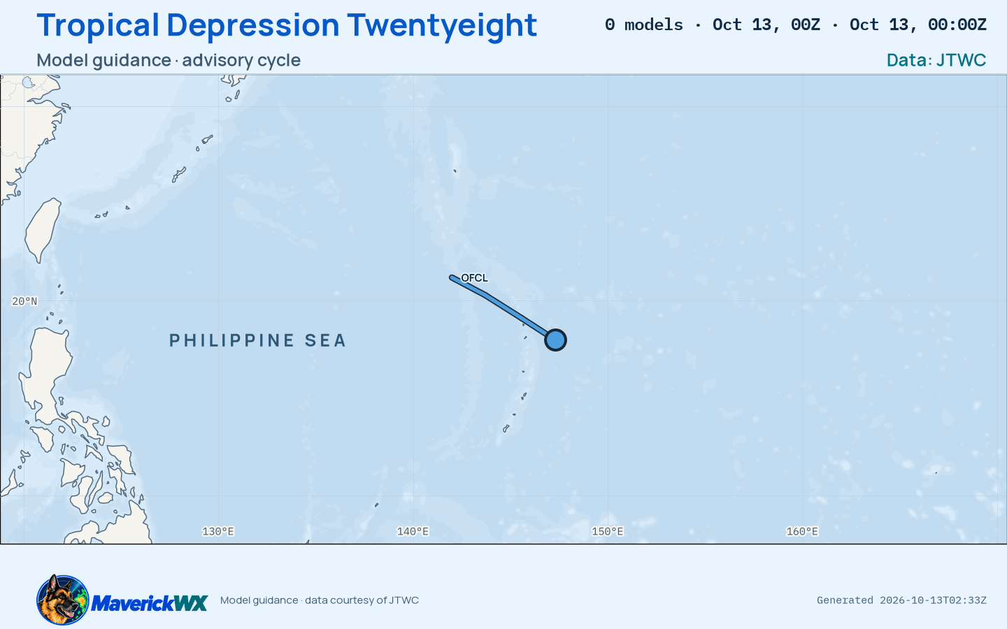 The models’ tracks, which are not a forecast for Tropical Depression Twentyeight, JTWC Warning 5