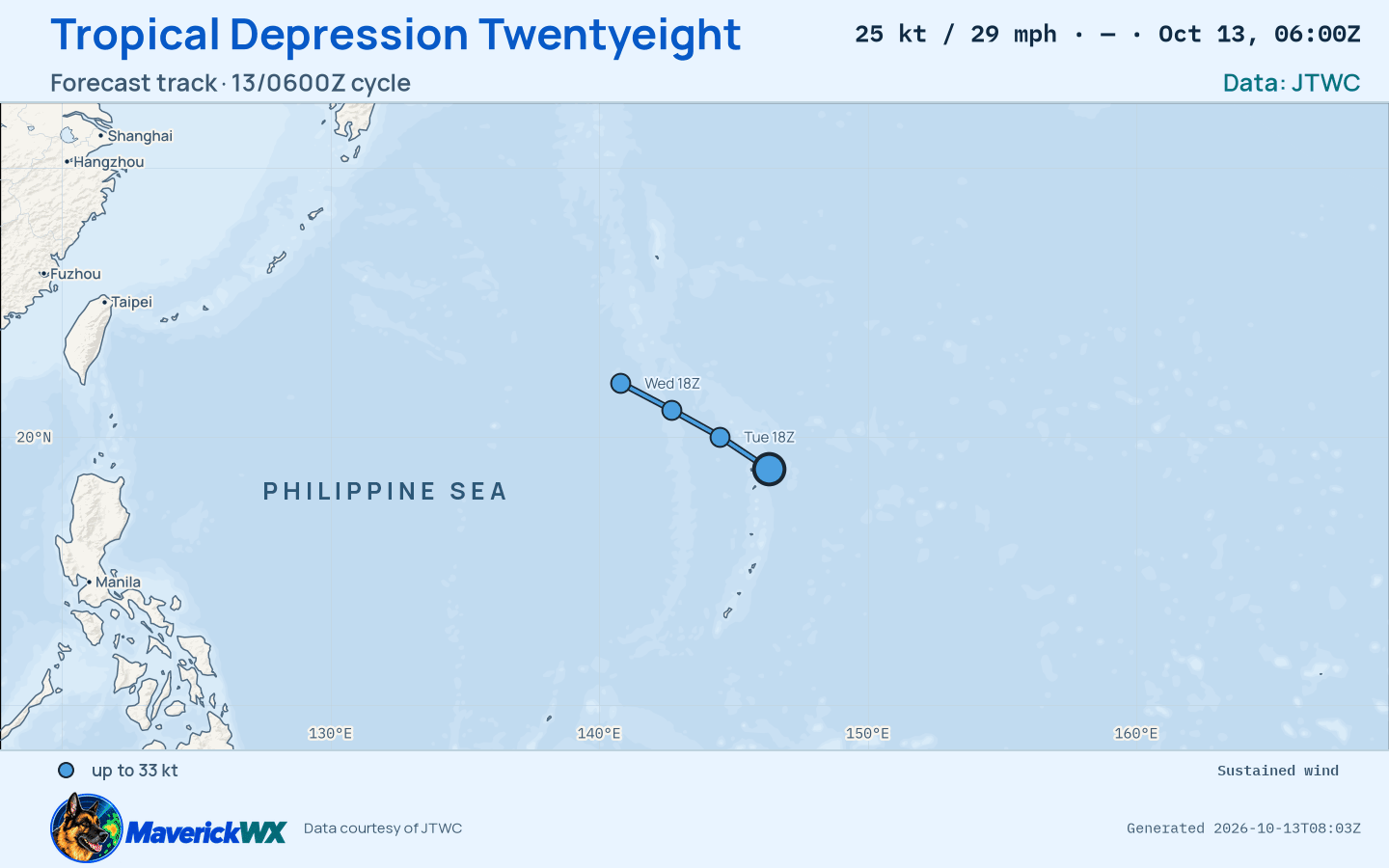 JTWC forecast for Tropical Depression Twentyeight, Warning 6; rendered by MaverickWX