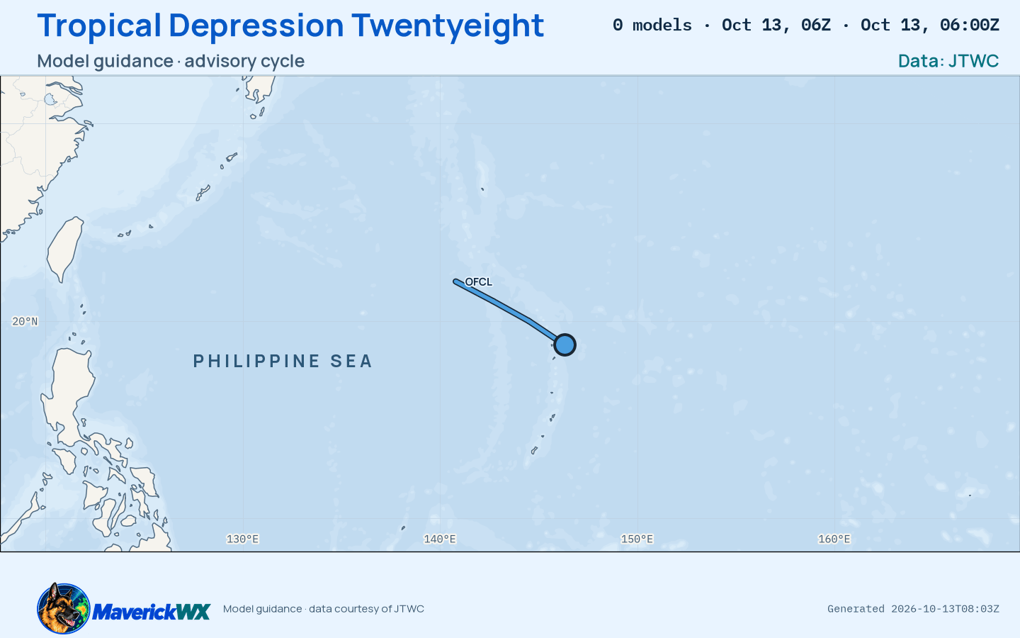 The models’ tracks, which are not a forecast for Tropical Depression Twentyeight, JTWC Warning 6