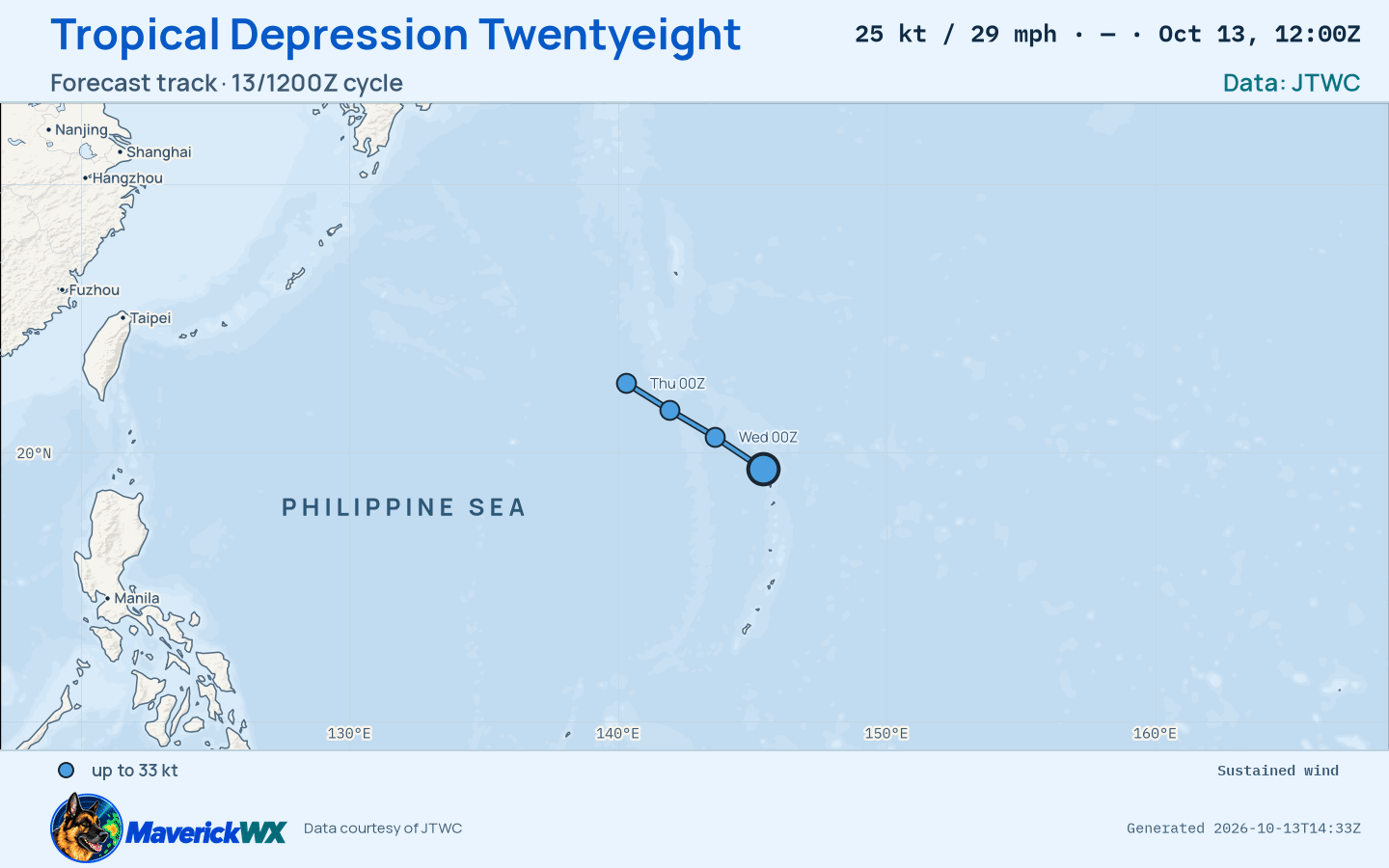 The official forecast track for Tropical Depression Twentyeight, JTWC Warning 7