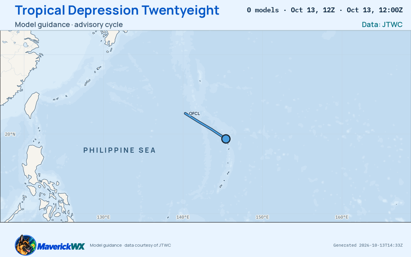The models’ tracks, which are not a forecast for Tropical Depression Twentyeight, JTWC Warning 7