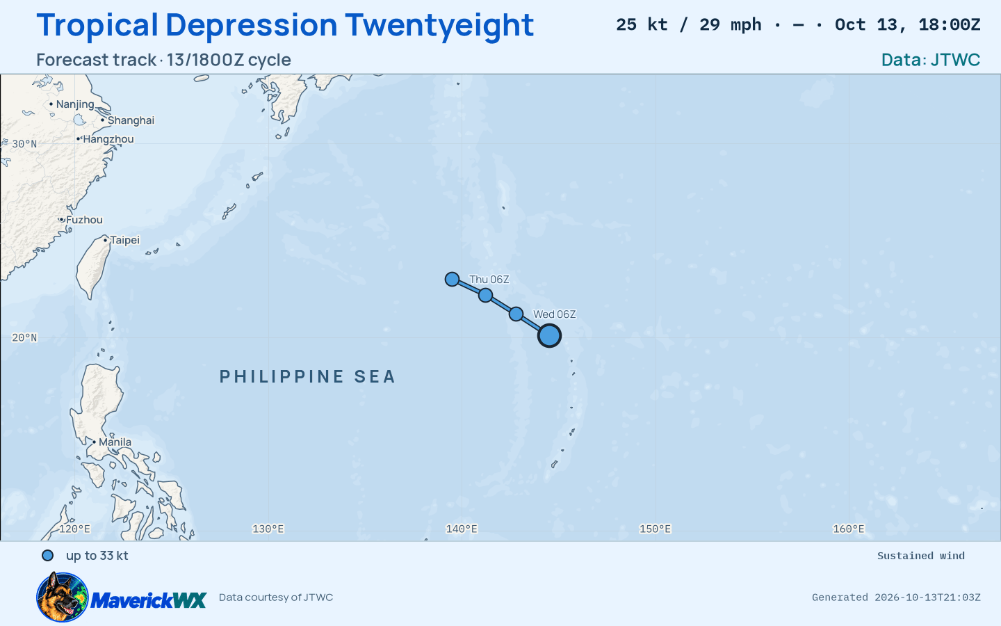 The official forecast track for Tropical Depression Twentyeight, JTWC Warning 8