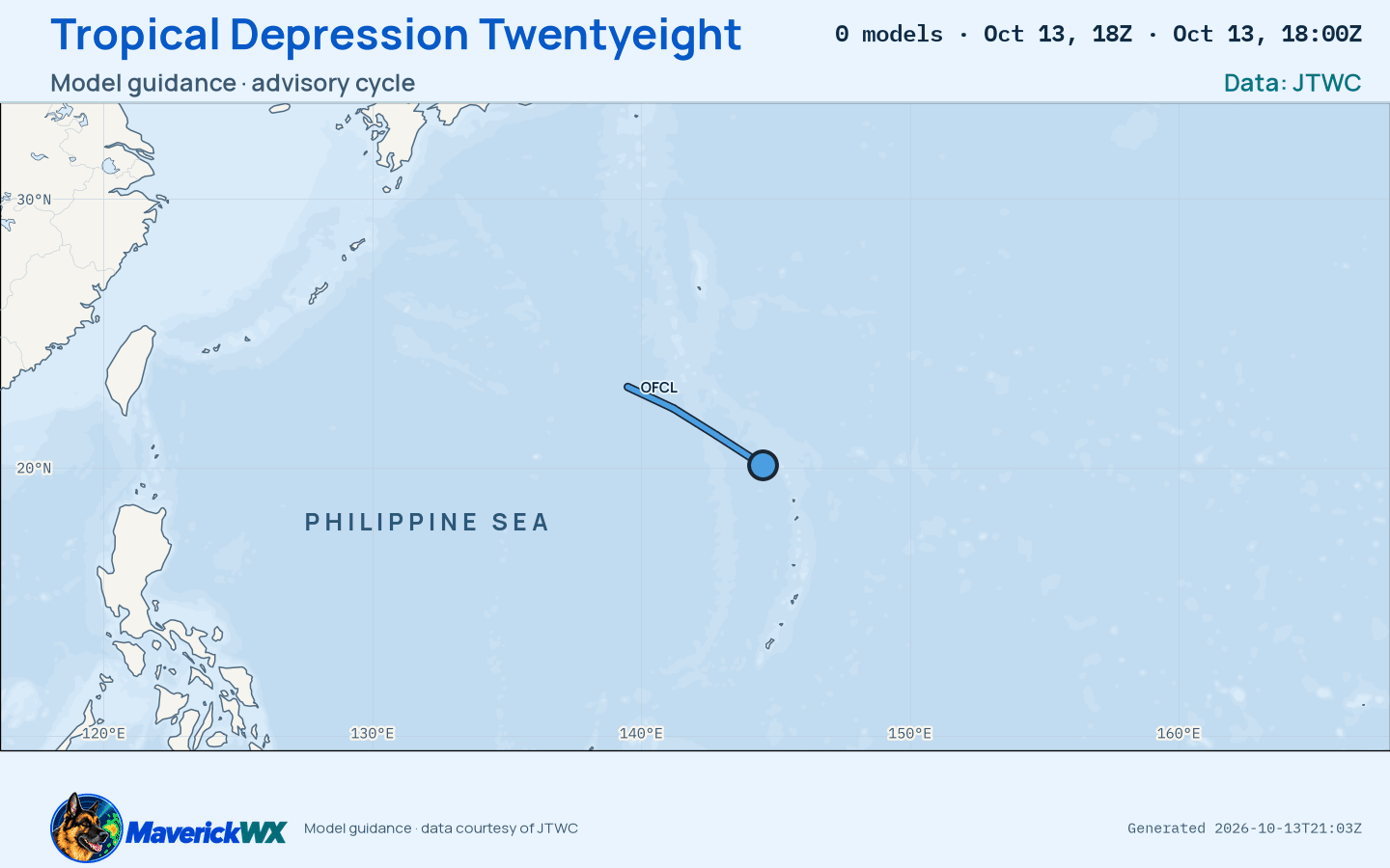 The models’ tracks, which are not a forecast for Tropical Depression Twentyeight, JTWC Warning 8