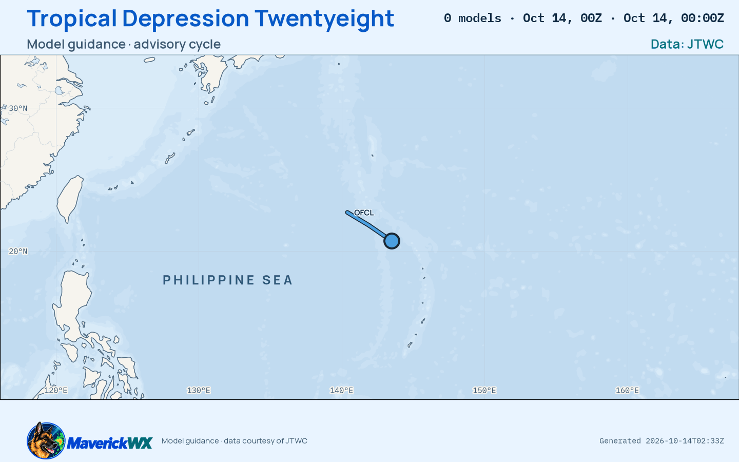 The models’ tracks, which are not a forecast for Tropical Depression Twentyeight, JTWC Warning 9
