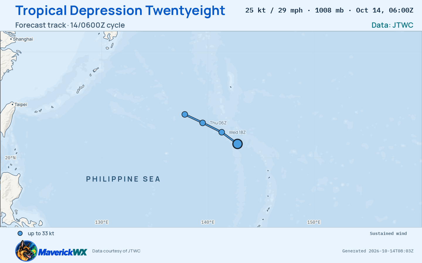 The official forecast track for Tropical Depression Twentyeight, JTWC Warning 10