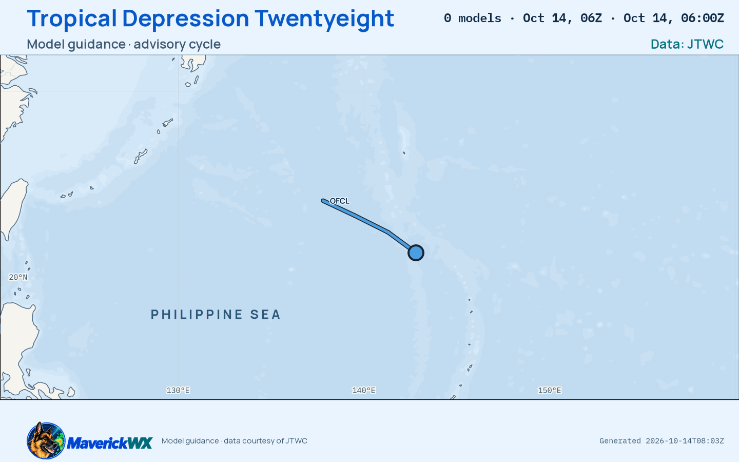 The models’ tracks, which are not a forecast for Tropical Depression Twentyeight, JTWC Warning 10