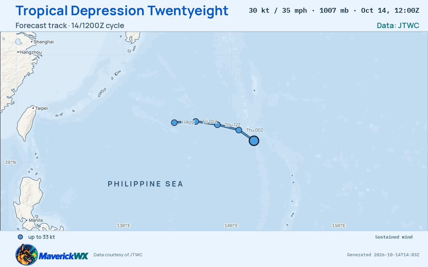 JTWC forecast for Tropical Depression Twentyeight, Warning 11; rendered by MaverickWX