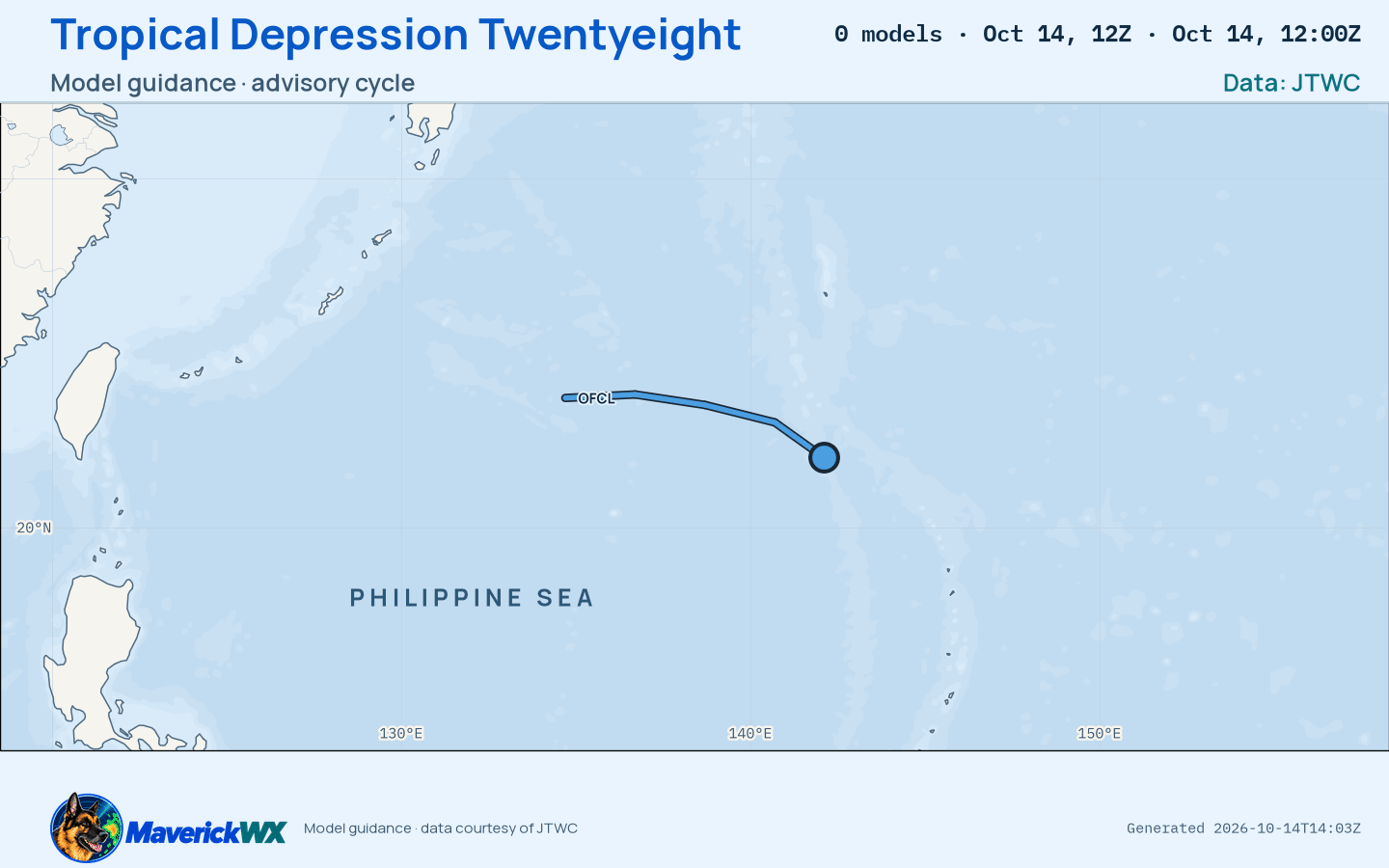 The models’ tracks, which are not a forecast for Tropical Depression Twentyeight, JTWC Warning 11