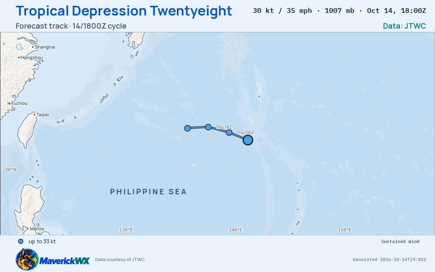 The official forecast track for Tropical Depression Twentyeight, JTWC Warning 12