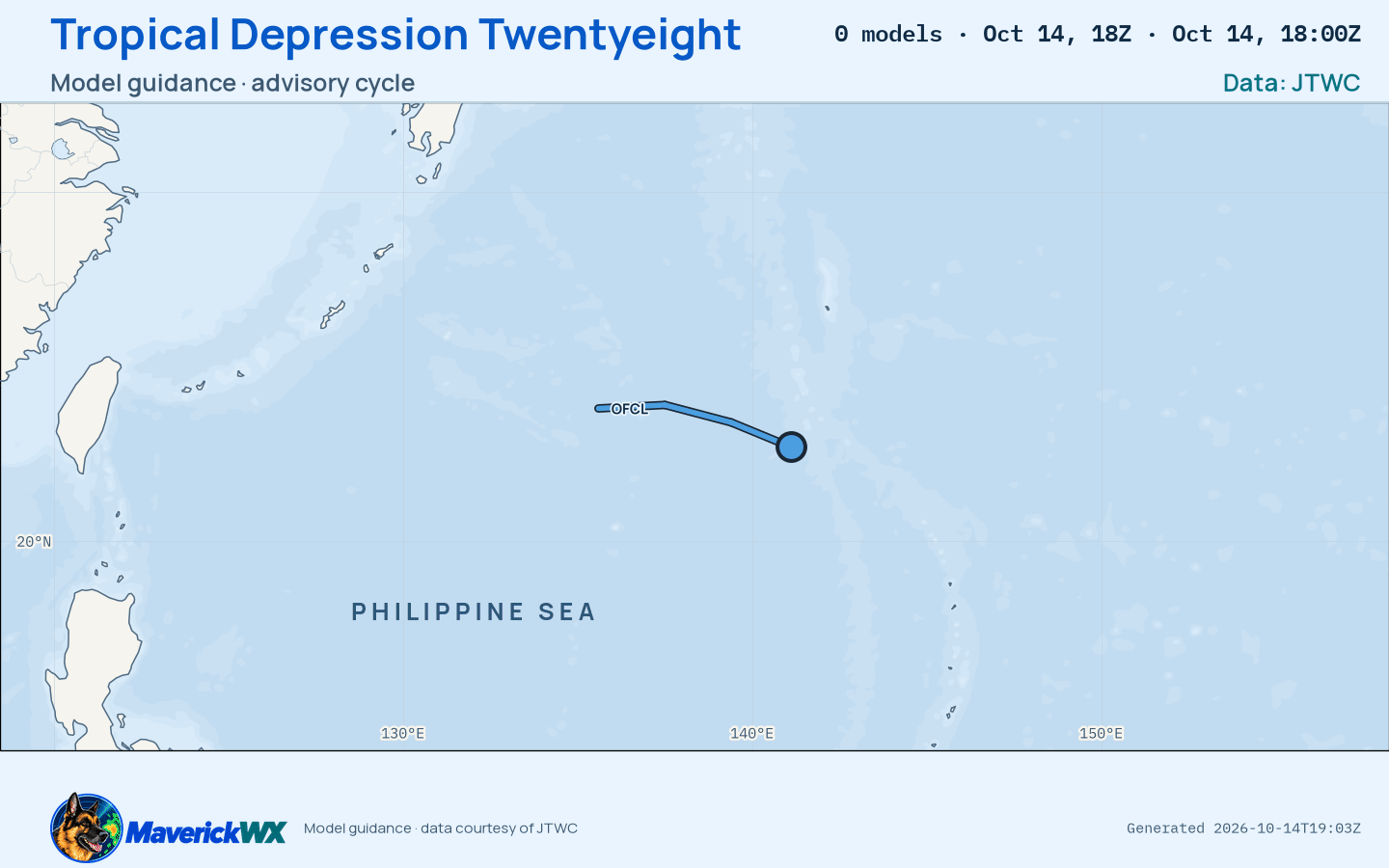 The models’ tracks, which are not a forecast for Tropical Depression Twentyeight, JTWC Warning 12