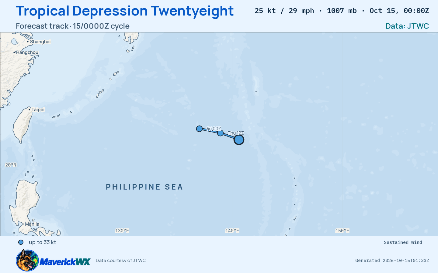 JTWC forecast for Tropical Depression Twentyeight, Warning 13; rendered by MaverickWX