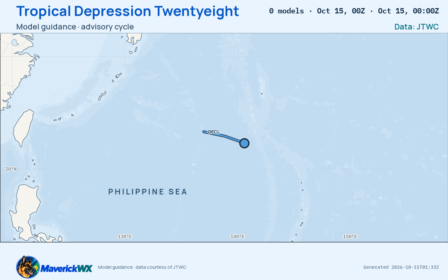 The models’ tracks, which are not a forecast for Tropical Depression Twentyeight, JTWC Warning 13