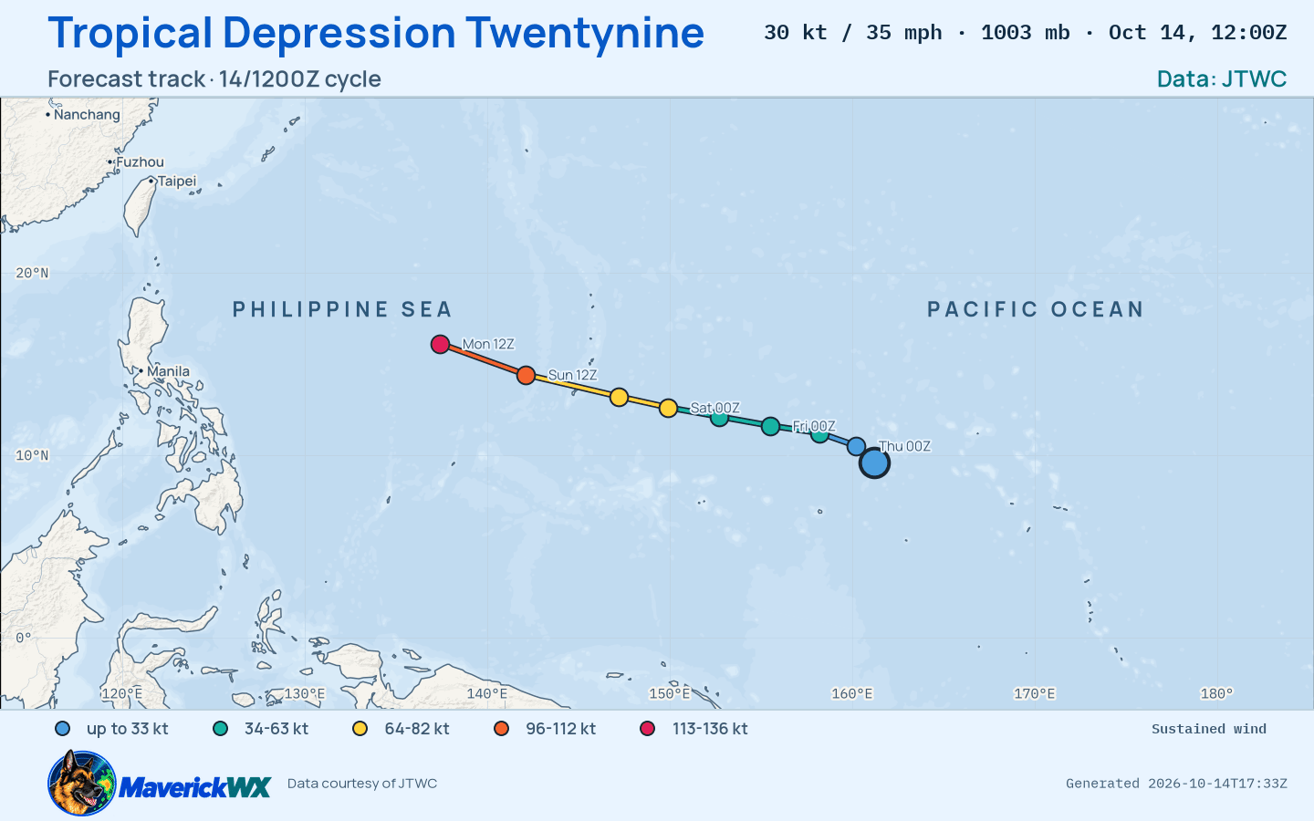 JTWC forecast for Tropical Depression Twentynine, Warning 1; rendered by MaverickWX