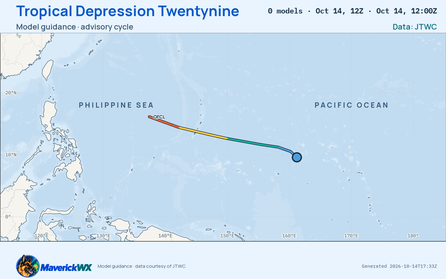 The models’ tracks, which are not a forecast for Tropical Depression Twentynine, JTWC Warning 1