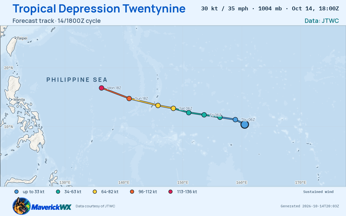 JTWC forecast for Tropical Depression Twentynine, Warning 2; rendered by MaverickWX