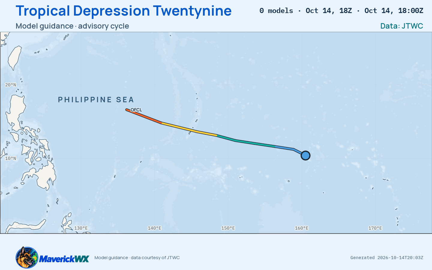 The models’ tracks, which are not a forecast for Tropical Depression Twentynine, JTWC Warning 2