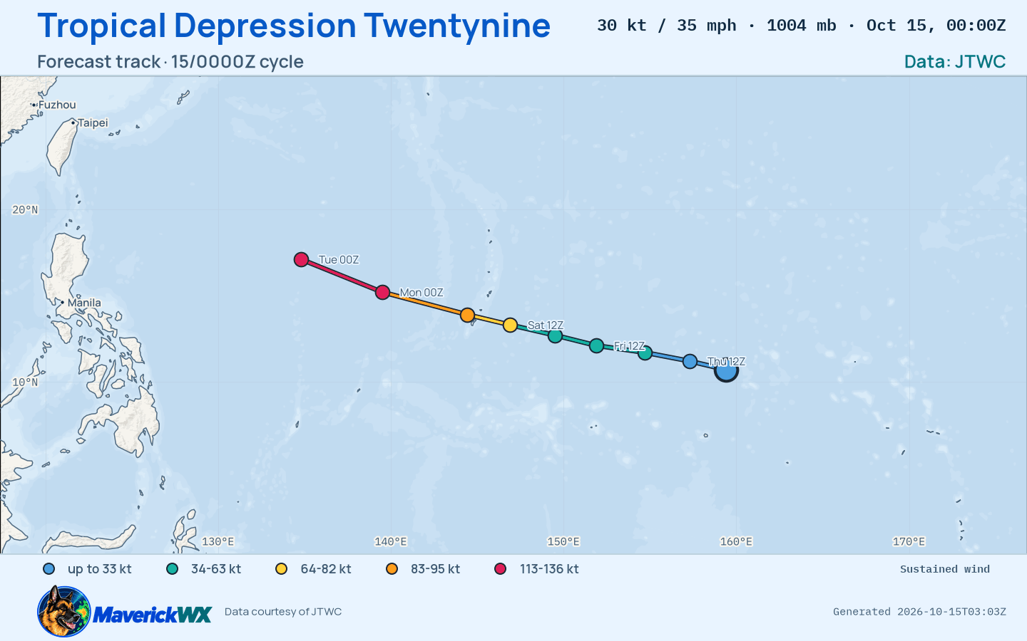 JTWC forecast for Tropical Depression Twentynine, Warning 3; rendered by MaverickWX