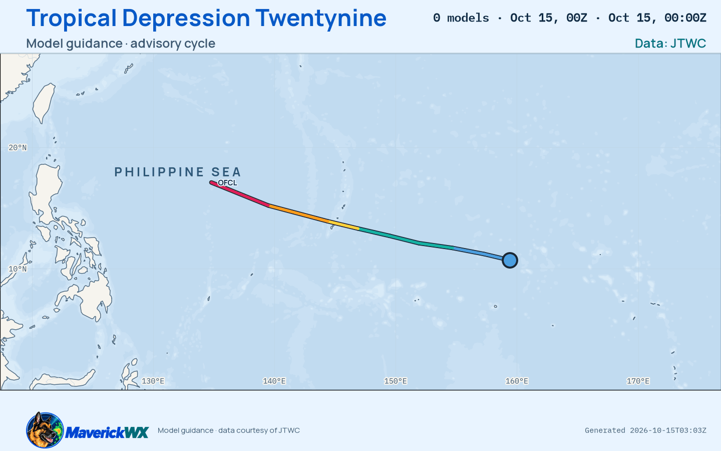 The models’ tracks, which are not a forecast for Tropical Depression Twentynine, JTWC Warning 3