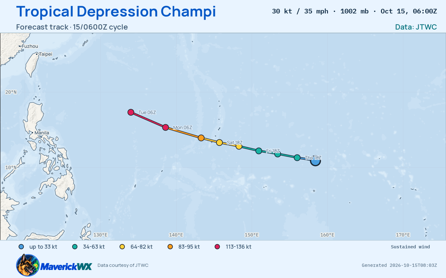 JTWC forecast for Tropical Depression Champi, Warning 4; rendered by MaverickWX
