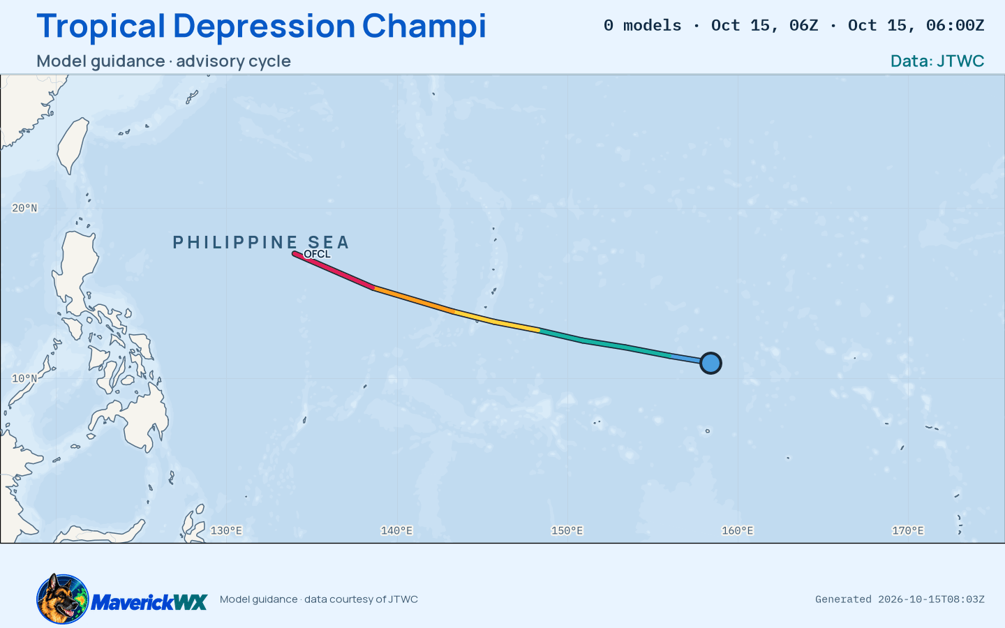 The models’ tracks, which are not a forecast for Tropical Depression Champi, JTWC Warning 4
