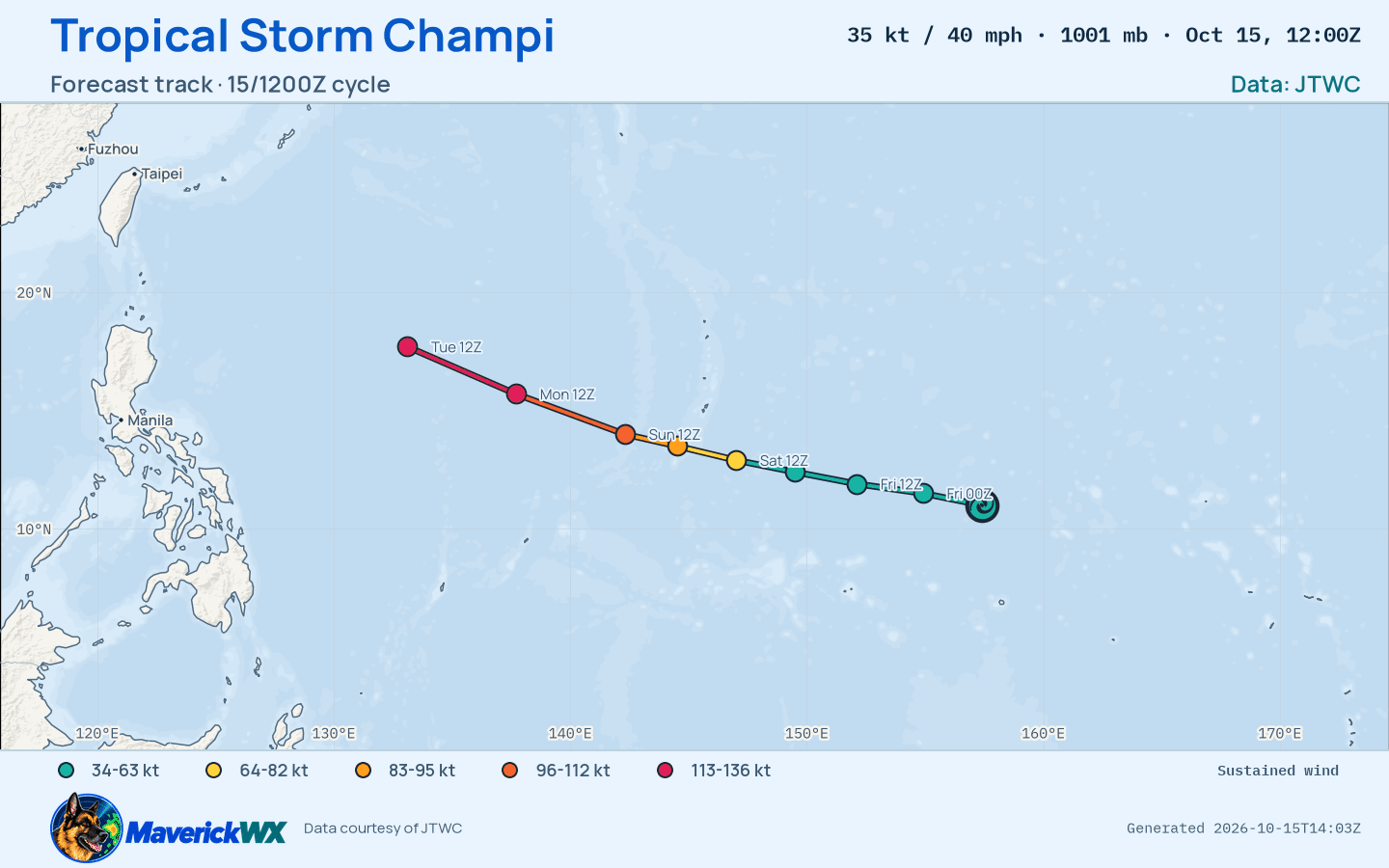 JTWC forecast for Tropical Storm Champi, Warning 5; rendered by MaverickWX