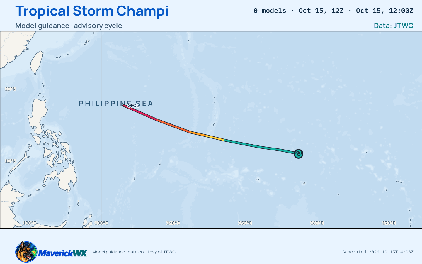 The models’ tracks, which are not a forecast for Tropical Storm Champi, JTWC Warning 5