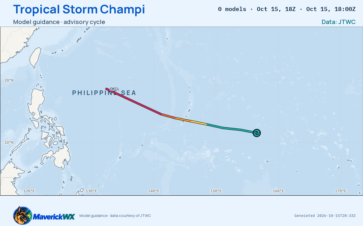 The models’ tracks, which are not a forecast for Tropical Storm Champi, JTWC Warning 6