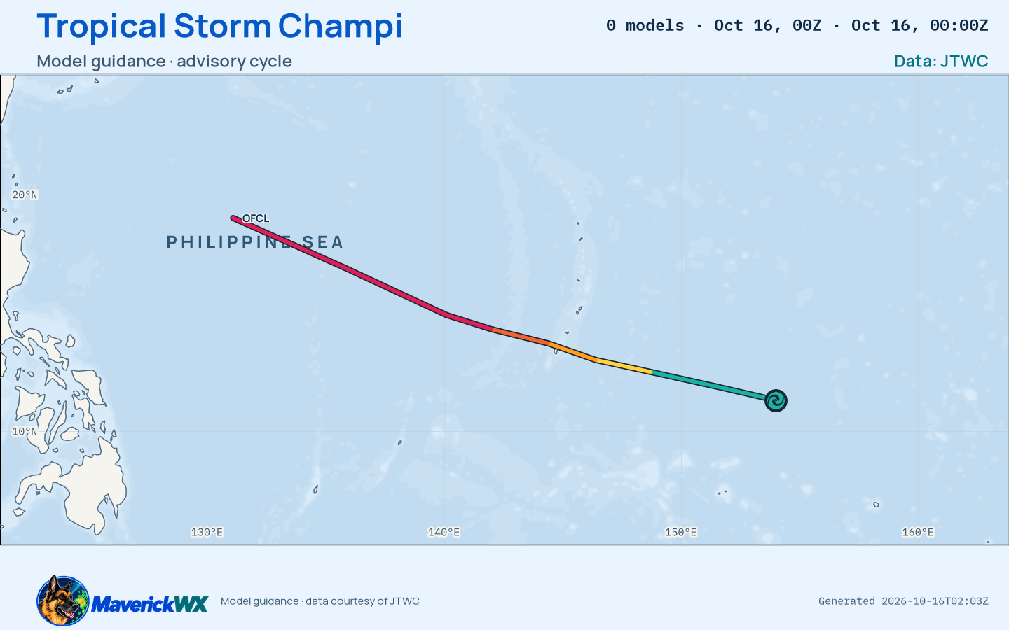 The models’ tracks, which are not a forecast for Tropical Storm Champi, JTWC Warning 7