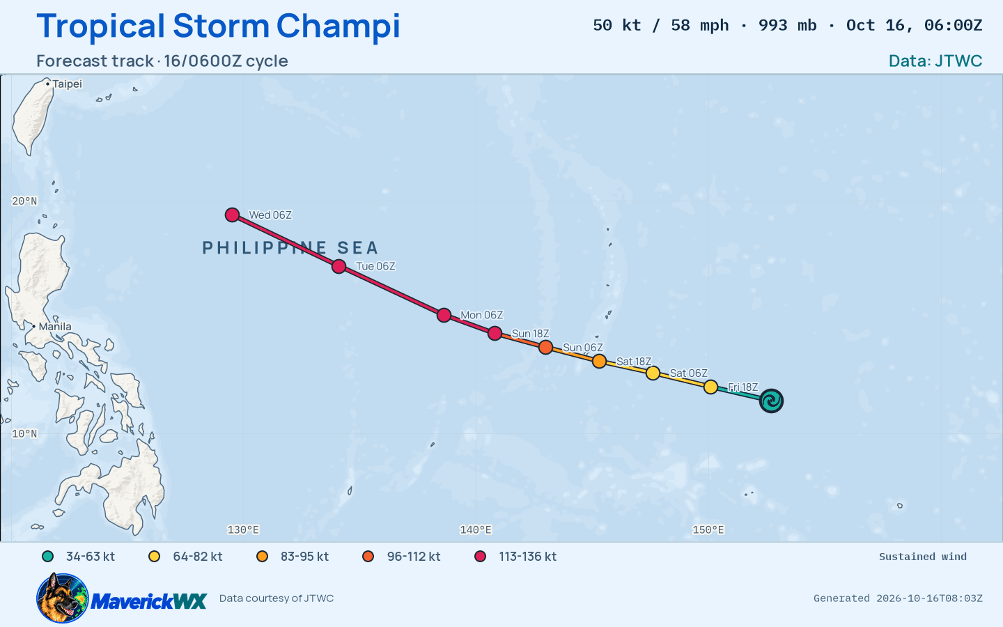 JTWC forecast for Tropical Storm Champi, Warning 8; rendered by MaverickWX