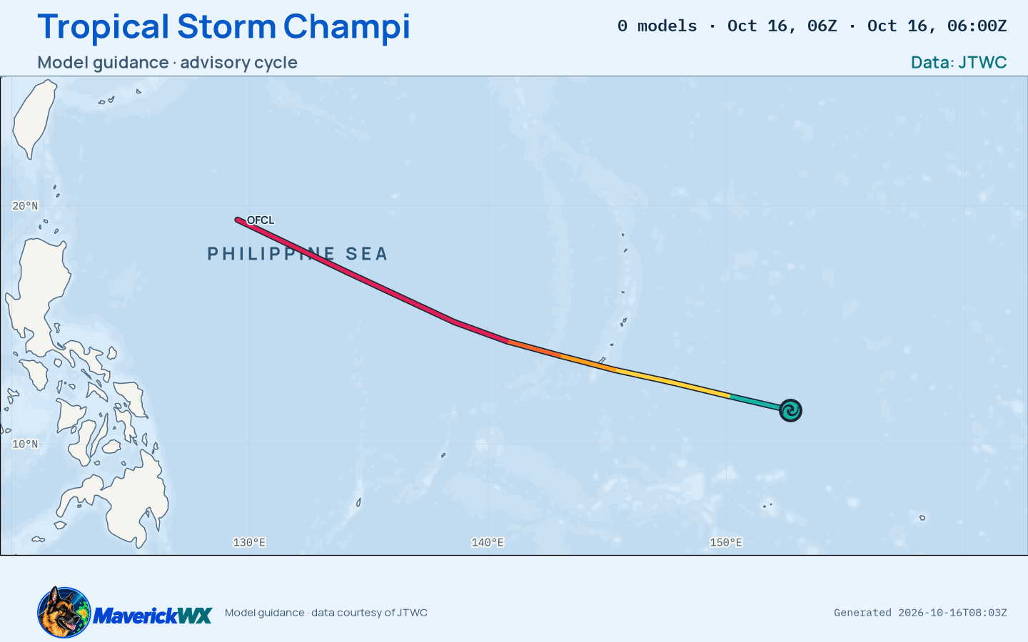 The models’ tracks, which are not a forecast for Tropical Storm Champi, JTWC Warning 8