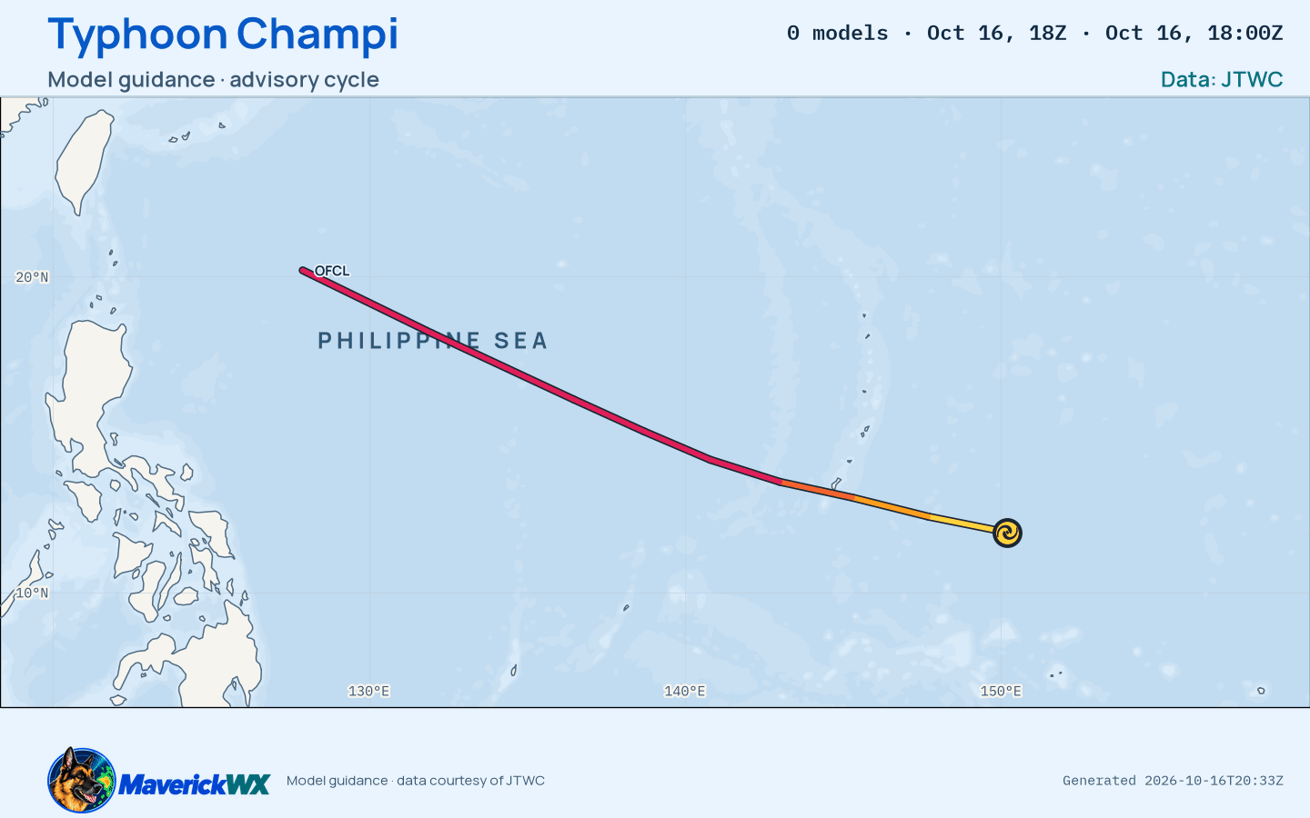 The models’ tracks, which are not a forecast for Typhoon Champi, JTWC Warning 10