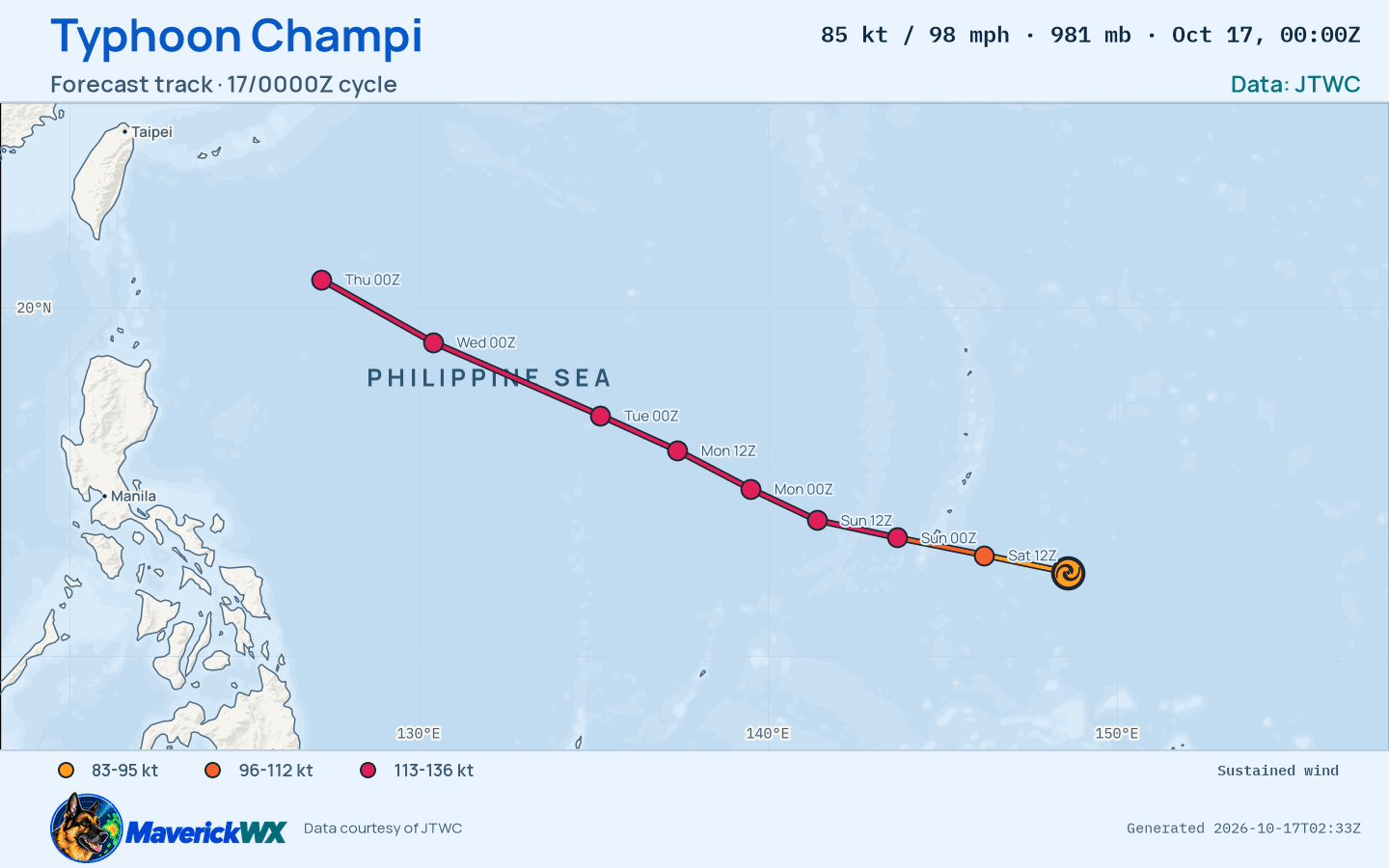 The official forecast track for Typhoon Champi, JTWC Warning 11