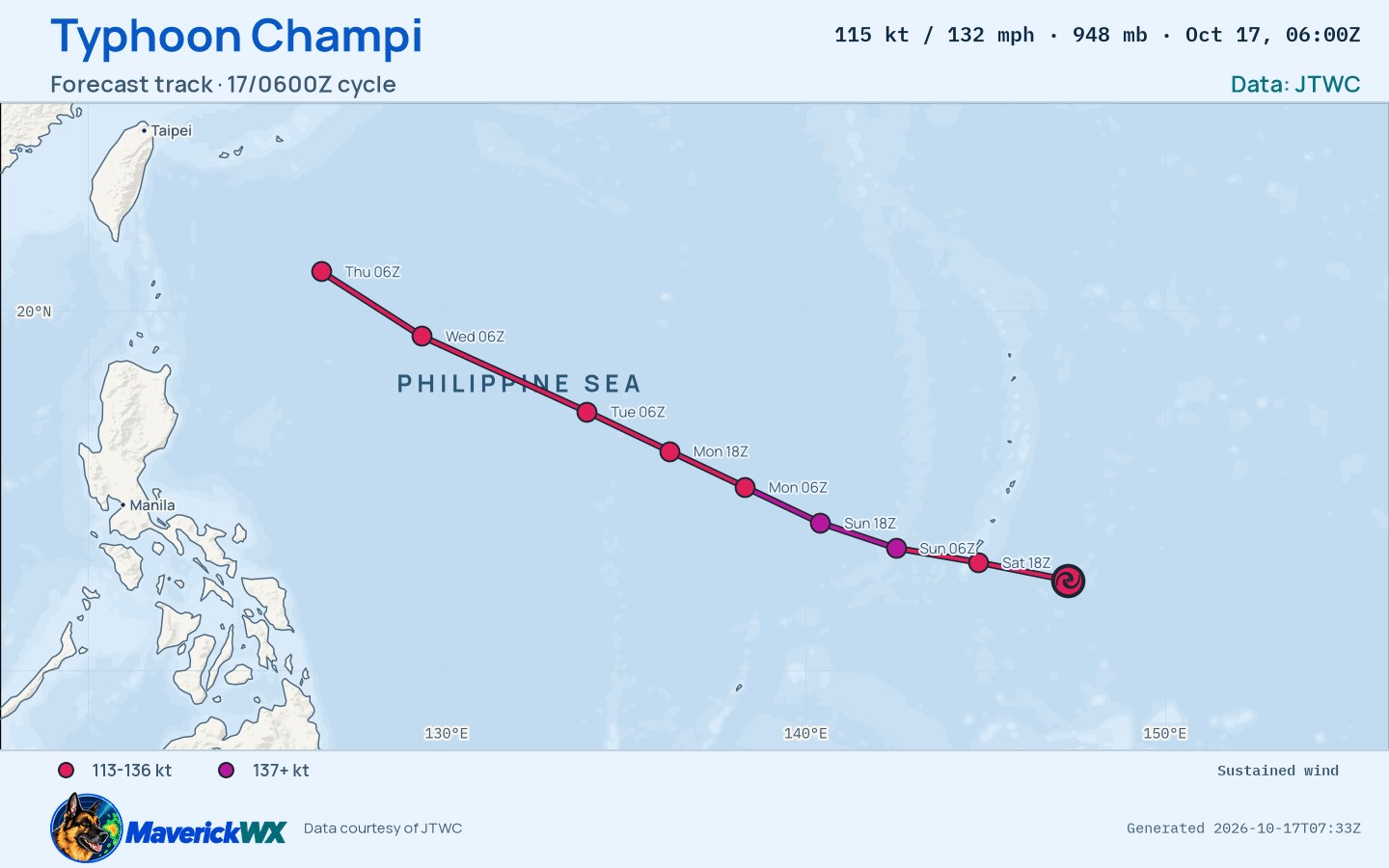 The official forecast track for Typhoon Champi, JTWC Warning 12