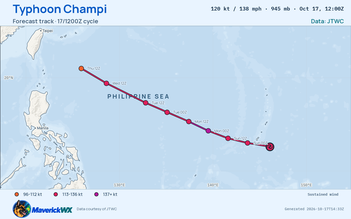 JTWC forecast for Typhoon Champi, Warning 13; rendered by MaverickWX