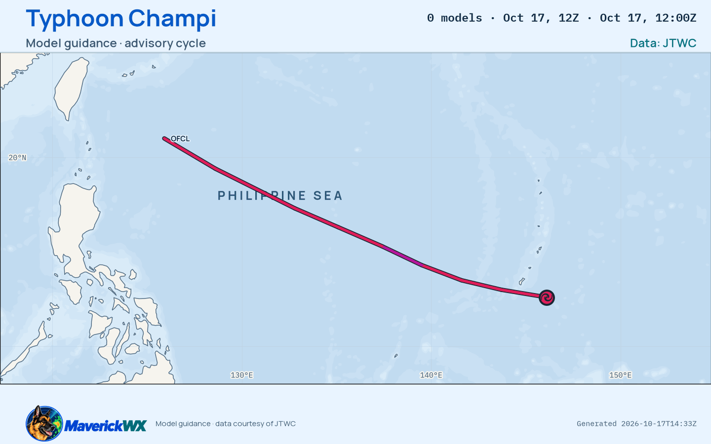 The models’ tracks, which are not a forecast for Typhoon Champi, JTWC Warning 13