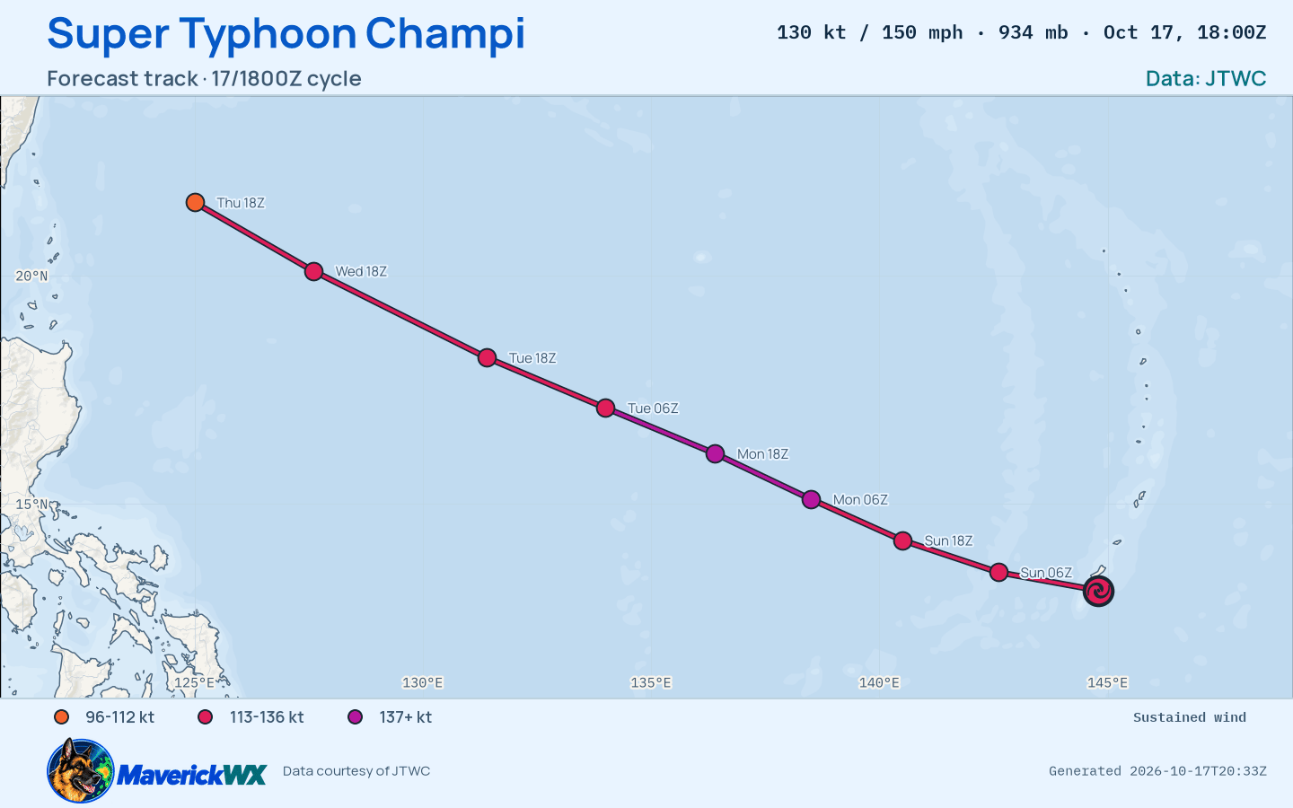 JTWC forecast for Super Typhoon Champi, Warning 14; rendered by MaverickWX