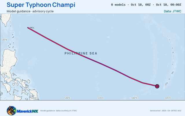 The models’ tracks, which are not a forecast for Super Typhoon Champi, JTWC Warning 15