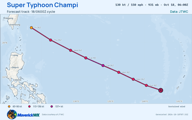 The official forecast track for Super Typhoon Champi, JTWC Warning 16