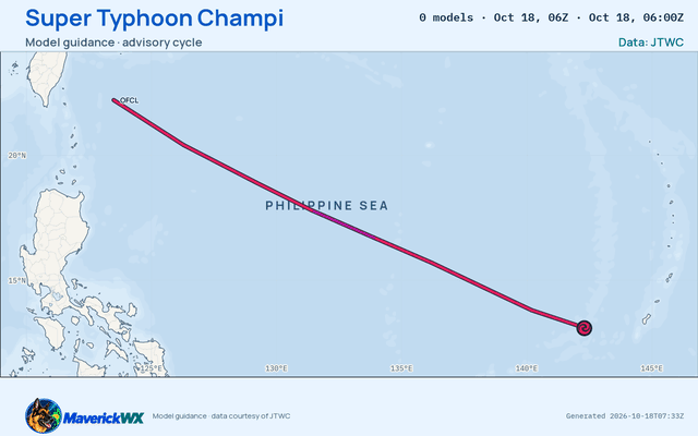 The models’ tracks, which are not a forecast for Super Typhoon Champi, JTWC Warning 16