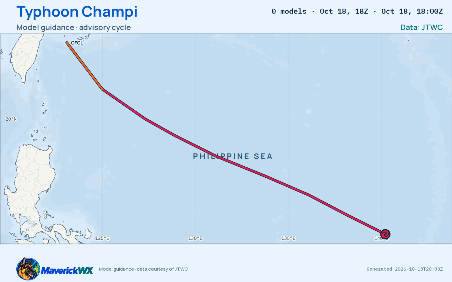 The models’ tracks, which are not a forecast for Typhoon Champi, JTWC Warning 18