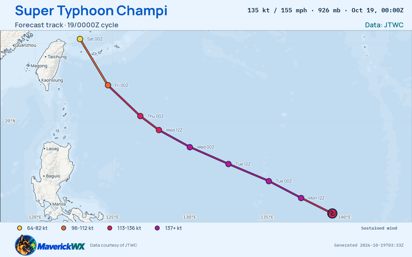 The official forecast track for Super Typhoon Champi, JTWC Warning 19