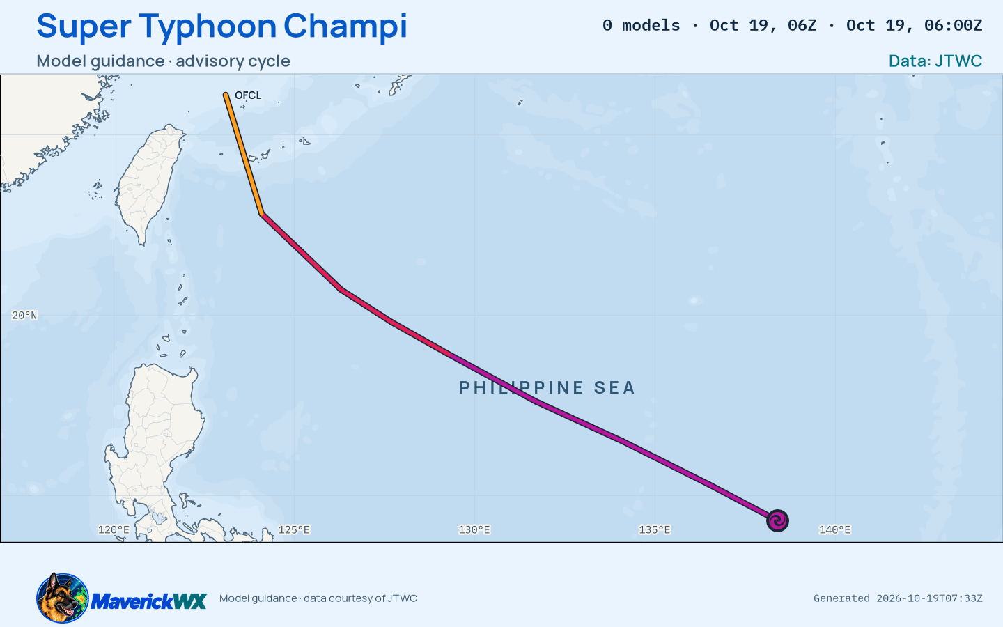 The models’ tracks, which are not a forecast for Super Typhoon Champi, JTWC Warning 20